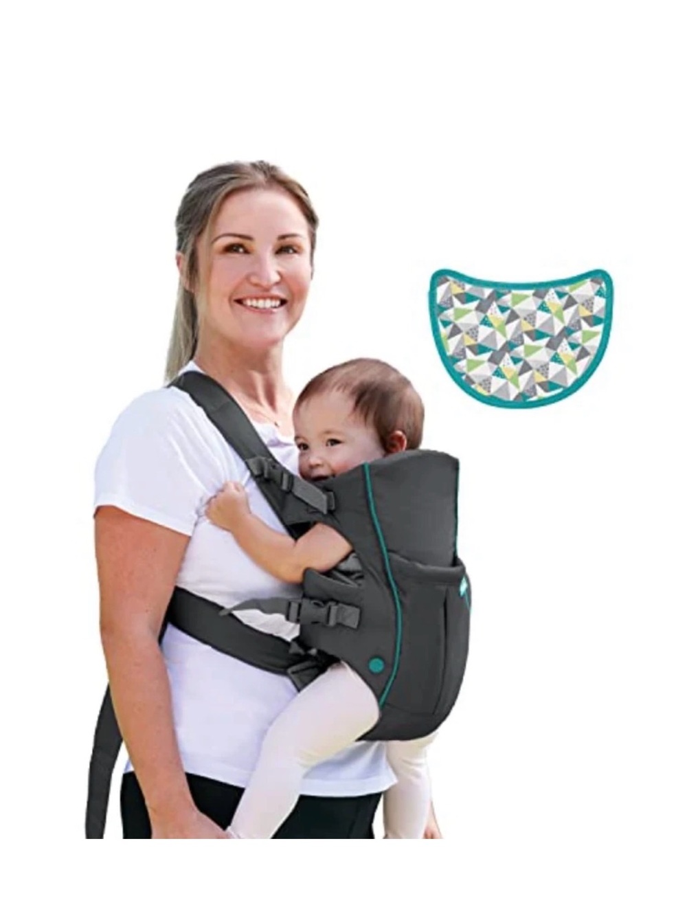 Infantino Dark Gray Carrier with Teal Trim and Patterned Bib